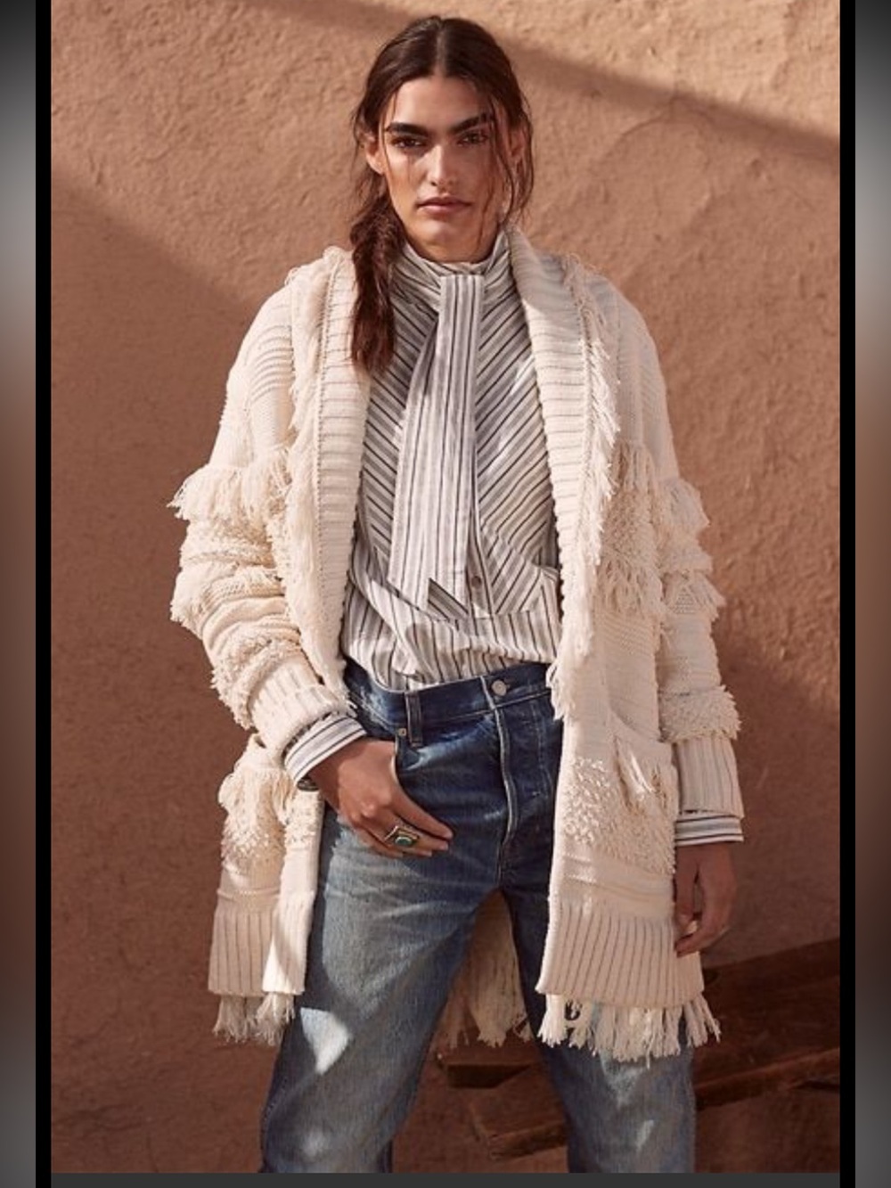 Banana Republic Mesa  Cream Fringe Knit Sweater Cardigan - Women Size M
